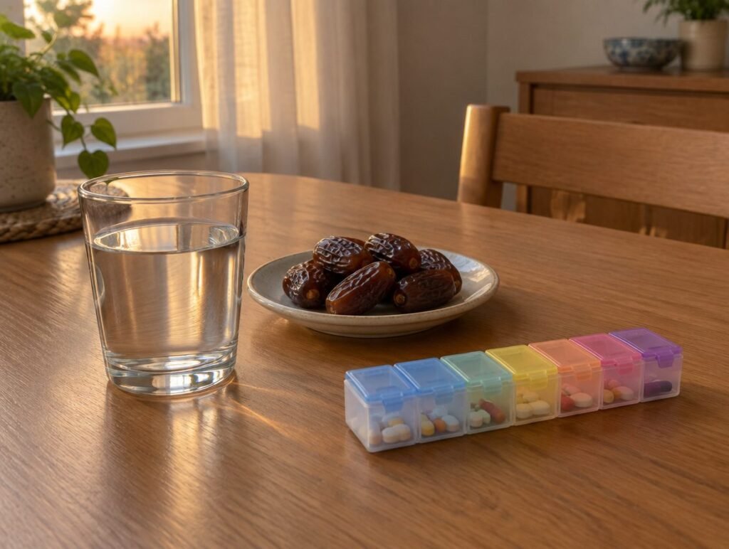 Glass of water, dates and weekly pill organiser at iftar time for ADHD medication during Ramadan in Dubai