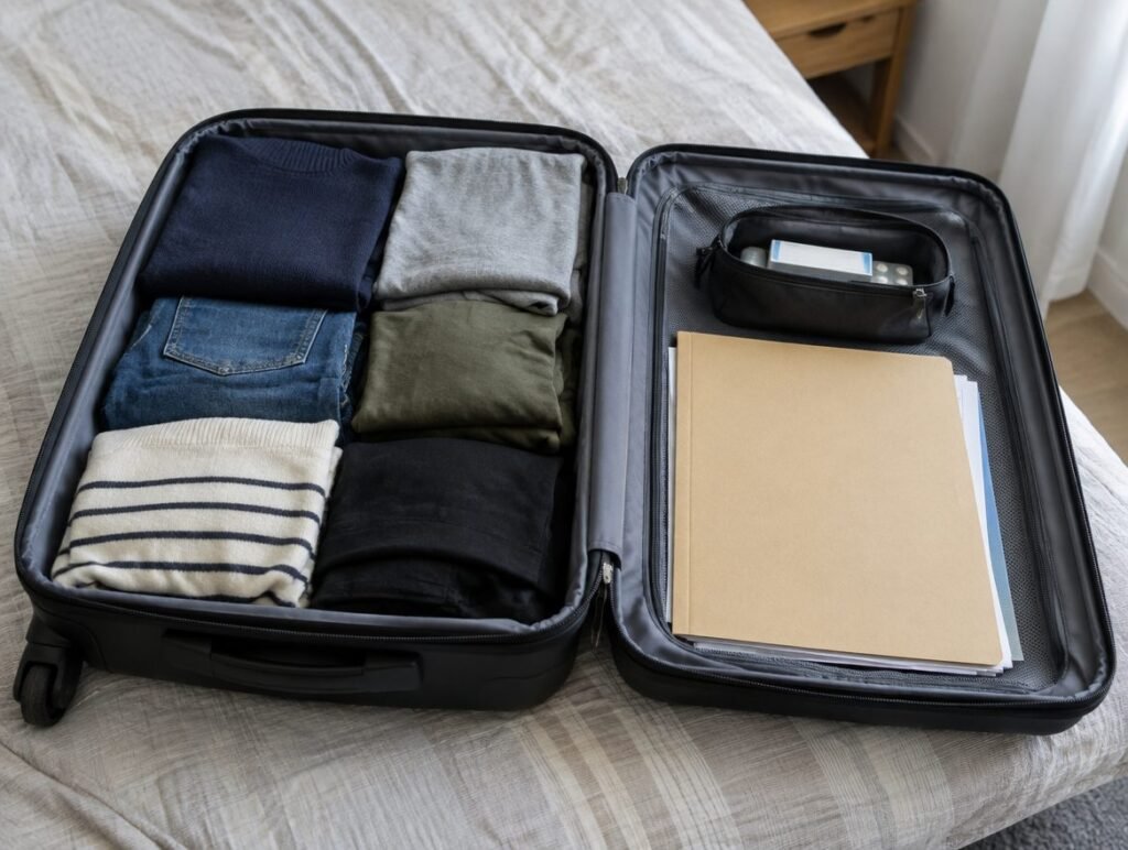 Open suitcase with medication pouch and documents for travelling to Dubai with ADHD medication