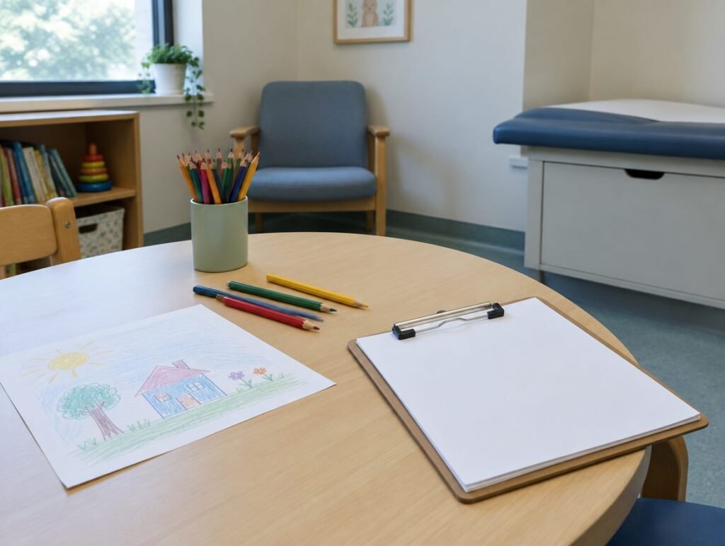Child-friendly consultation room with a drawing and colouring pencils for a child ADHD assessment in Dubai