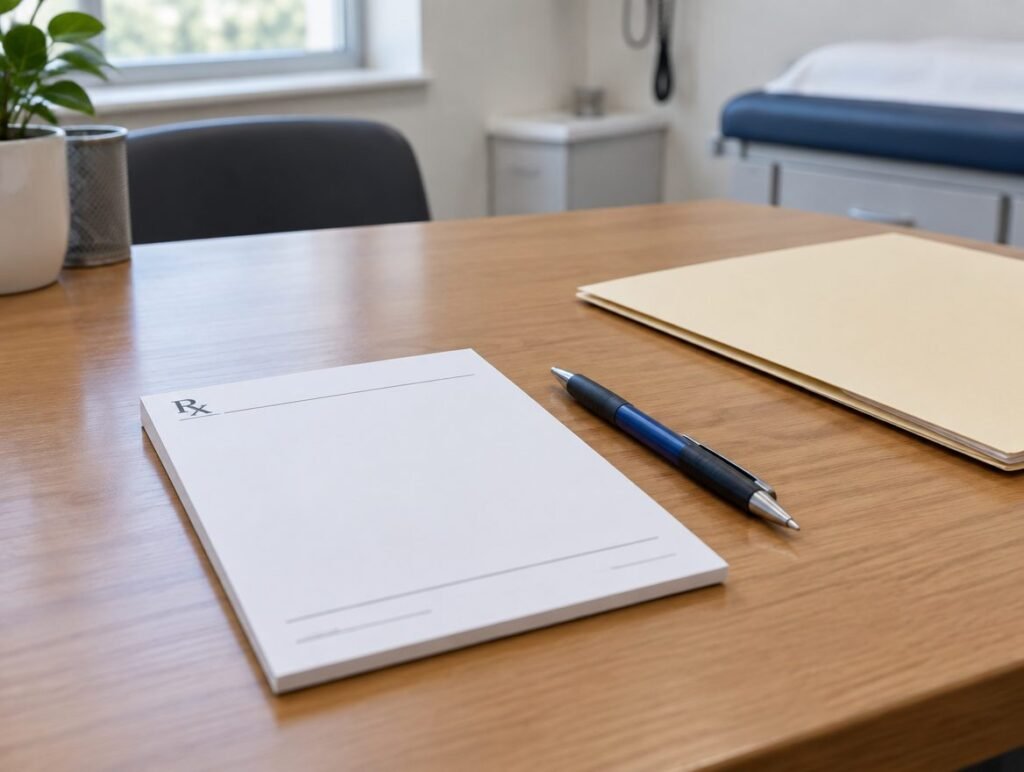 Blank prescription pad and pen on a psychiatrist desk for a Ritalin or Concerta prescription in Dubai