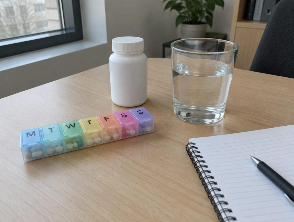 Weekly pill organiser, medication bottle and notebook for planning a Vyvanse prescription in Dubai